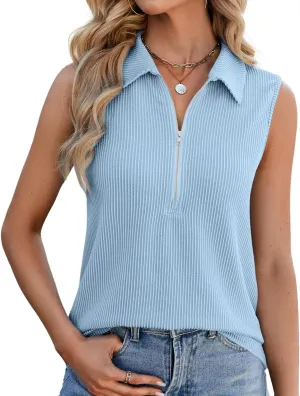 NORACORA Women's Summer Sleeveless Tops V Neck Collared Shirts Dressy Casual Striped Ribbed Tank Top with Zipper Loose Fit