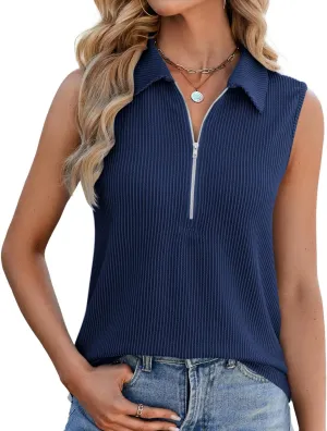 NORACORA Women's Summer Sleeveless Tops V Neck Collared Shirts Dressy Casual Striped Ribbed Tank Top with Zipper Loose Fit