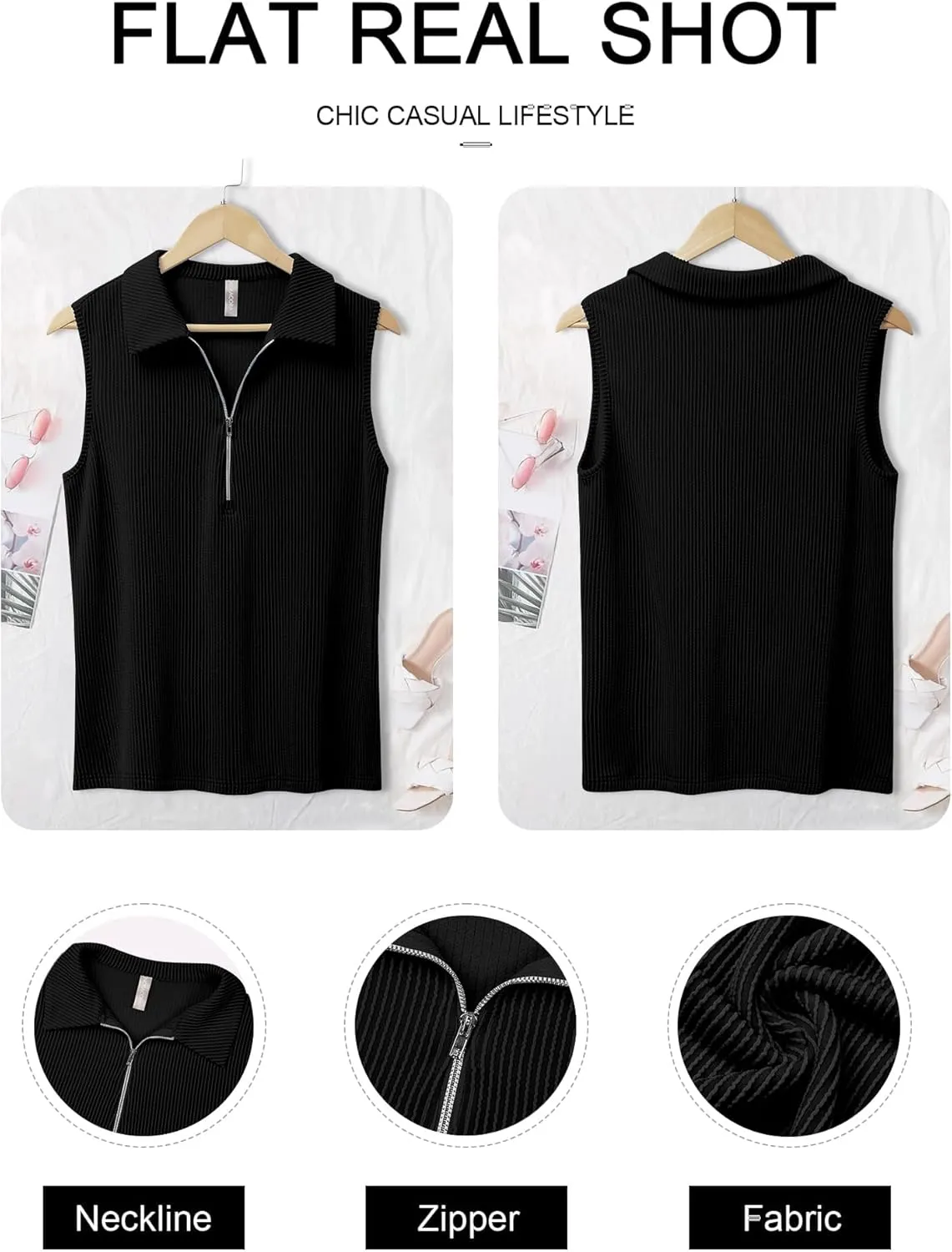 NORACORA Women's Summer Sleeveless Tops V Neck Collared Shirts Dressy Casual Striped Ribbed Tank Top with Zipper Loose Fit