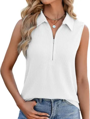 NORACORA Women's Summer Sleeveless Tops V Neck Collared Shirts Dressy Casual Striped Ribbed Tank Top with Zipper Loose Fit