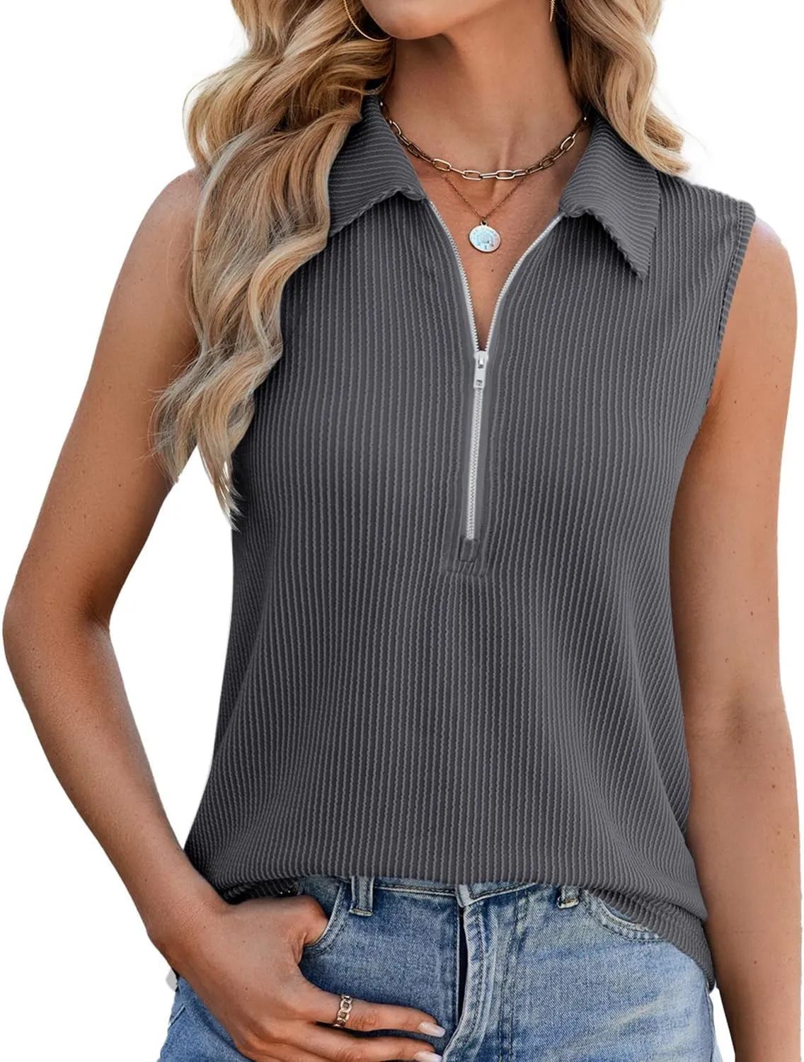 NORACORA Women's Summer Sleeveless Tops V Neck Collared Shirts Dressy Casual Striped Ribbed Tank Top with Zipper Loose Fit