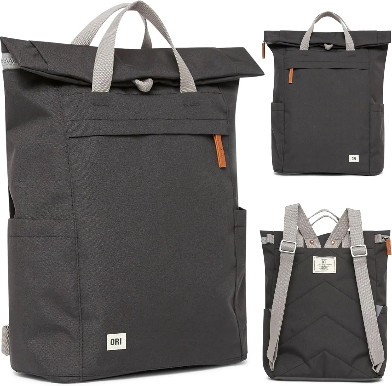 ORI LONDON Rolltop Backpack - Large Travel Backpack with Lots of Pockets for Men & Women - The Finchley, Ash