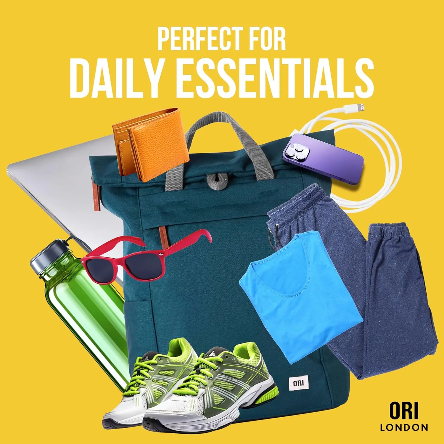 ORI LONDON Rolltop Backpack - Large Travel Backpack with Lots of Pockets for Men & Women - The Finchley, Teal