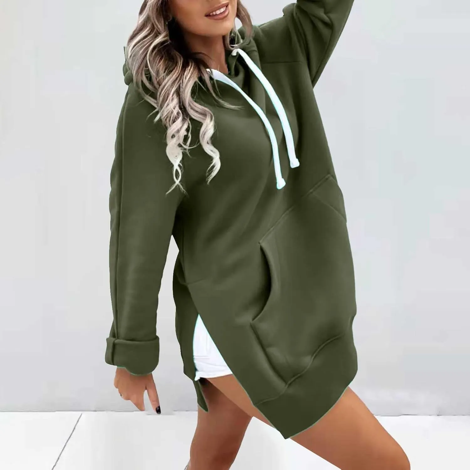 Oversized Hoodie Dress for Women Casual Warm Drawstring Long Sweatshirt with Pocket Fashion Split Hem Long Sleeve Hoodies