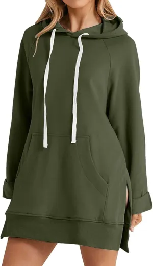 Oversized Hoodie Dress for Women Casual Warm Drawstring Long Sweatshirt with Pocket Fashion Split Hem Long Sleeve Hoodies