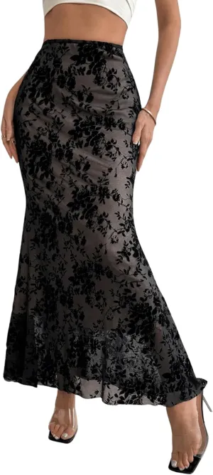 OYOANGLE Women's Floral Print Mesh Long Skirt High Waist Bodycon Ruffle Fishtail Maxi Skirt
