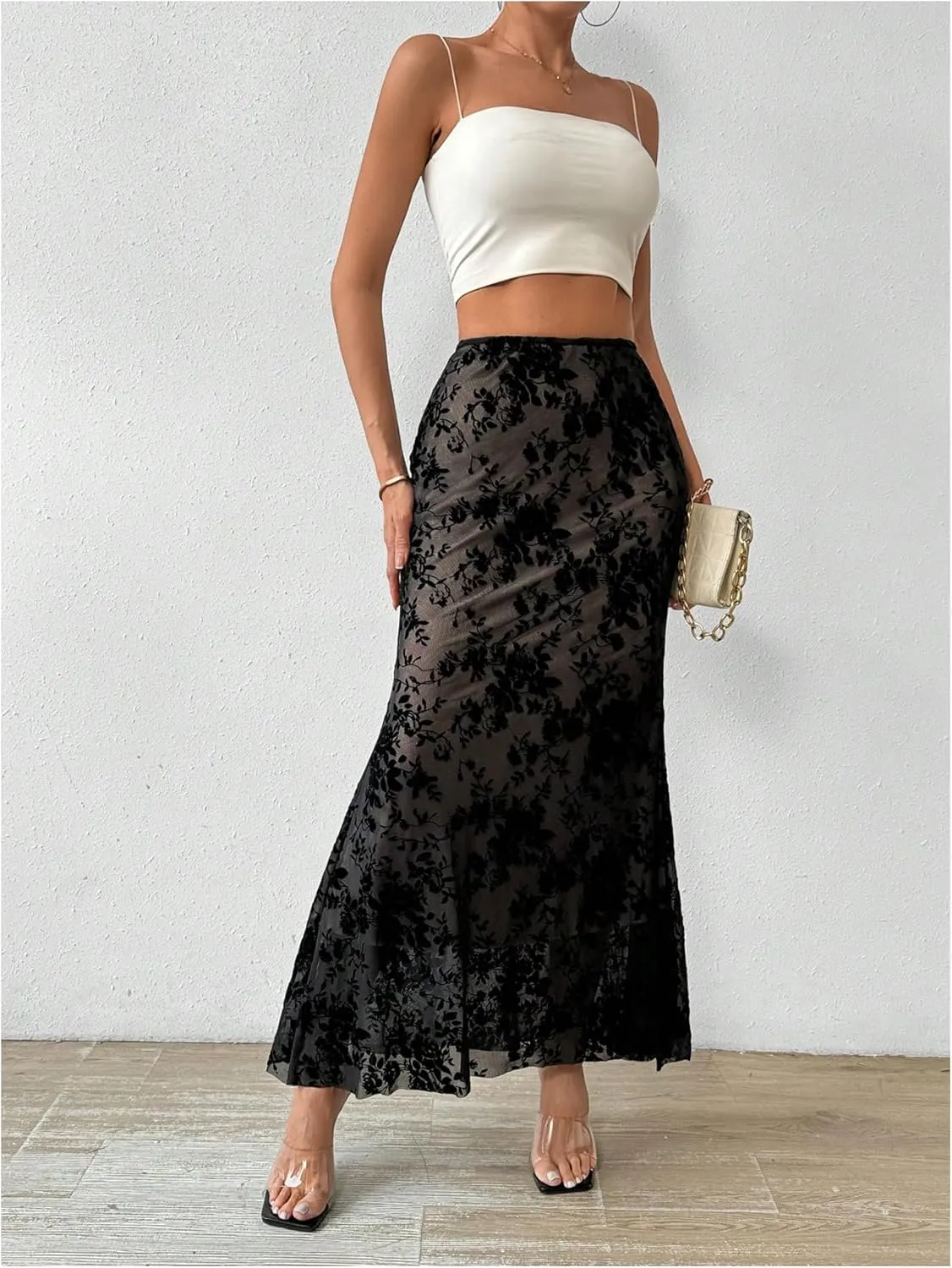 OYOANGLE Women's Floral Print Mesh Long Skirt High Waist Bodycon Ruffle Fishtail Maxi Skirt