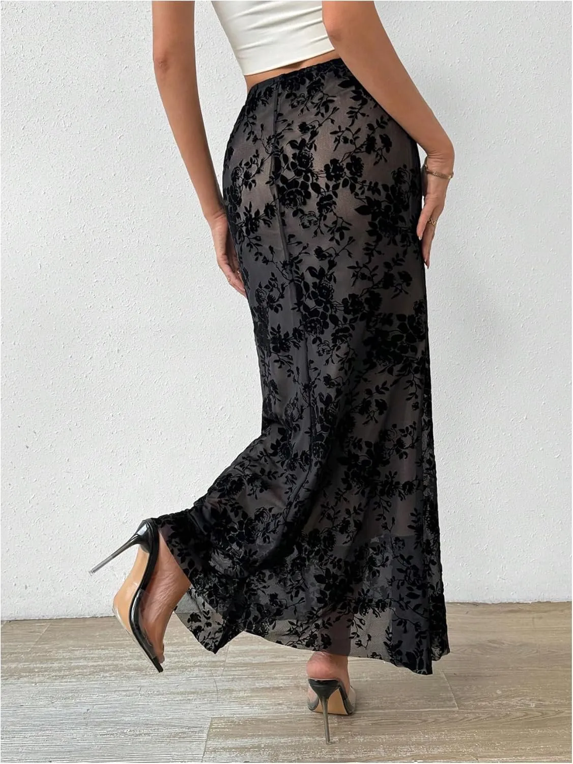 OYOANGLE Women's Floral Print Mesh Long Skirt High Waist Bodycon Ruffle Fishtail Maxi Skirt