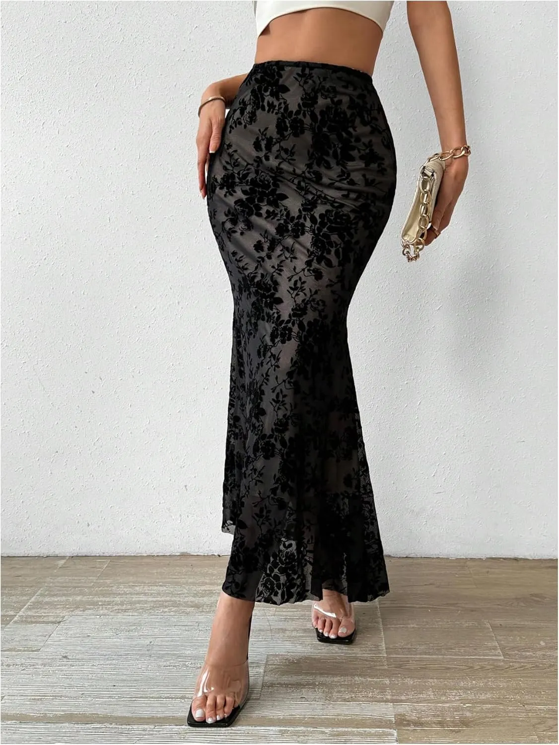 OYOANGLE Women's Floral Print Mesh Long Skirt High Waist Bodycon Ruffle Fishtail Maxi Skirt