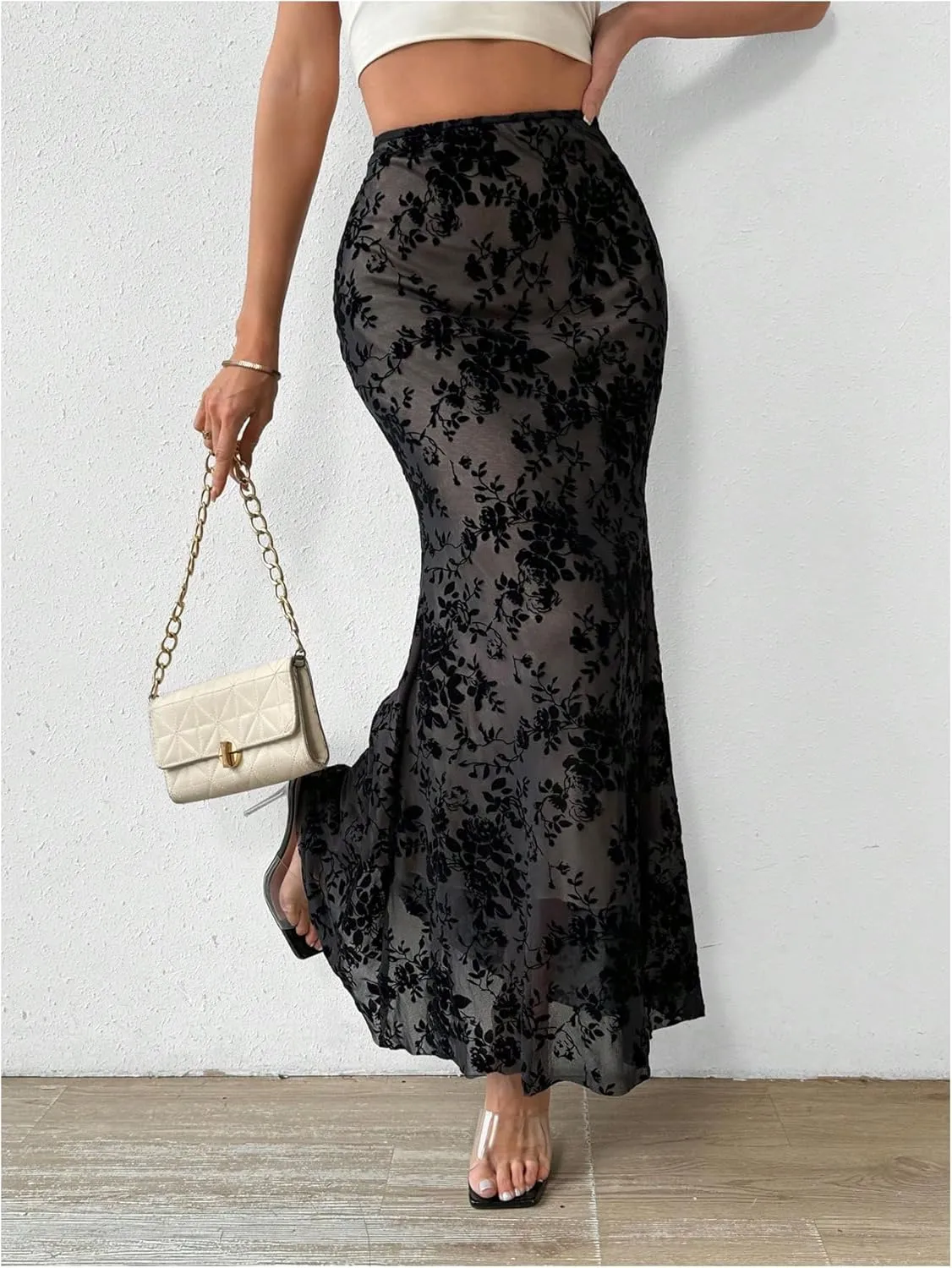 OYOANGLE Women's Floral Print Mesh Long Skirt High Waist Bodycon Ruffle Fishtail Maxi Skirt