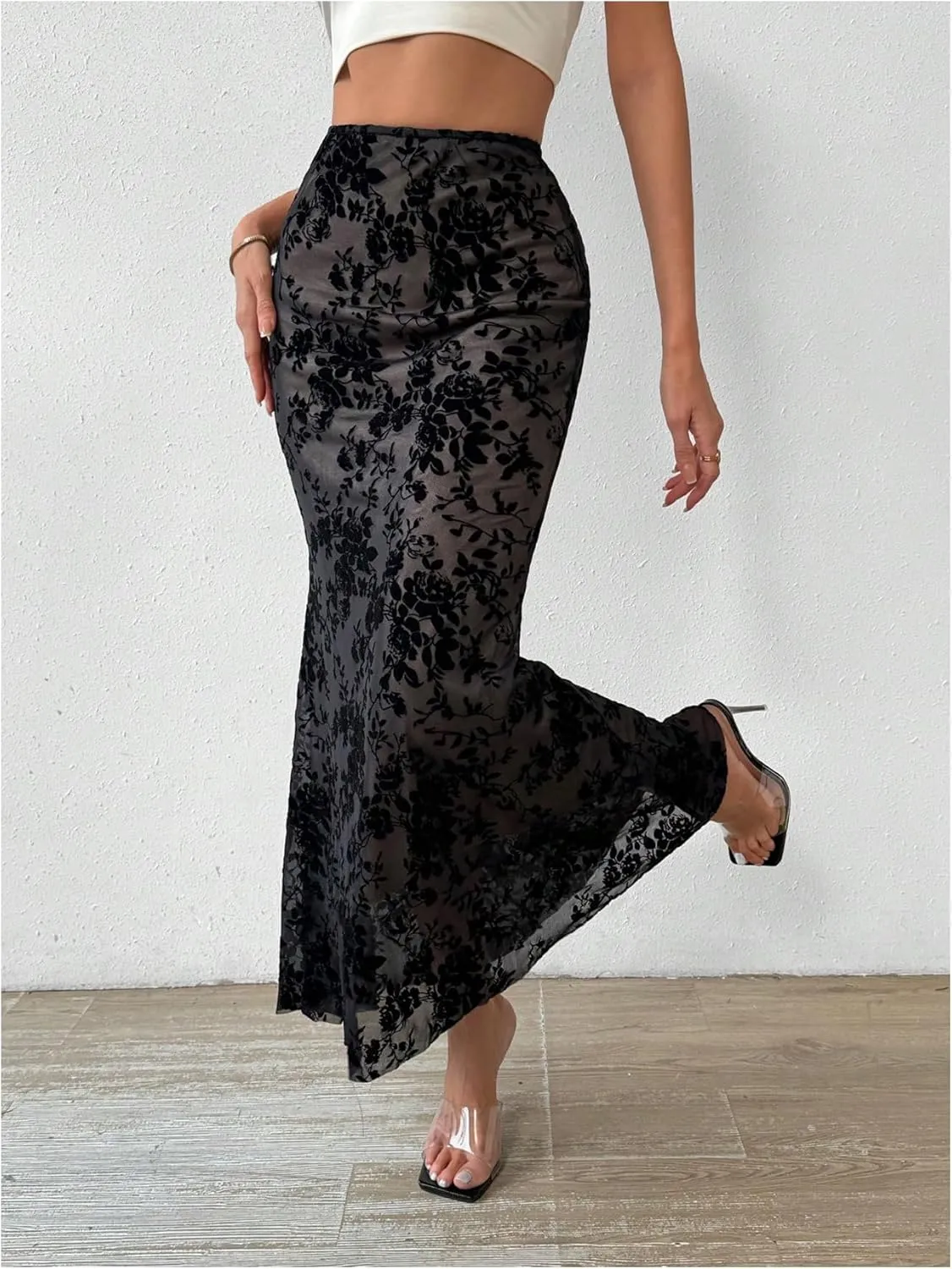 OYOANGLE Women's Floral Print Mesh Long Skirt High Waist Bodycon Ruffle Fishtail Maxi Skirt