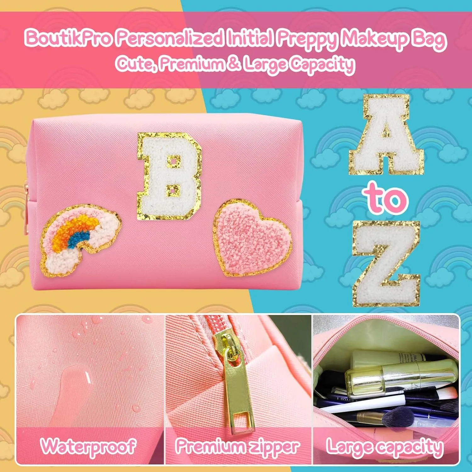 Personalized Inital Preppy Makeup Bag Set with Zipper, Monogram Waterproof Travel Cosmetic Bag for Women, Cute Preppy Patch Toiletry Bag for Traveling Outdoors, Gift Ideal for Christmas Thanksgiving