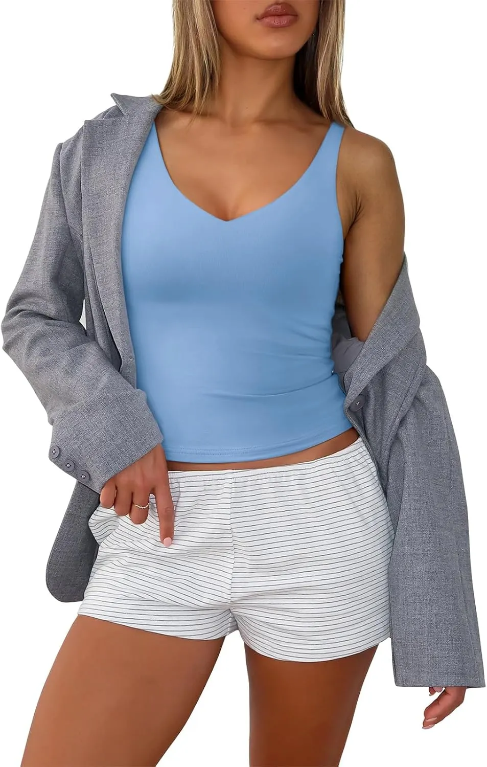 PINKMSTYLE Womens Sexy V Neck Cami Top Sleeveless Double Lined Tank Tops Going Out Y2K Spaghetti Strap Crop Tops 2025