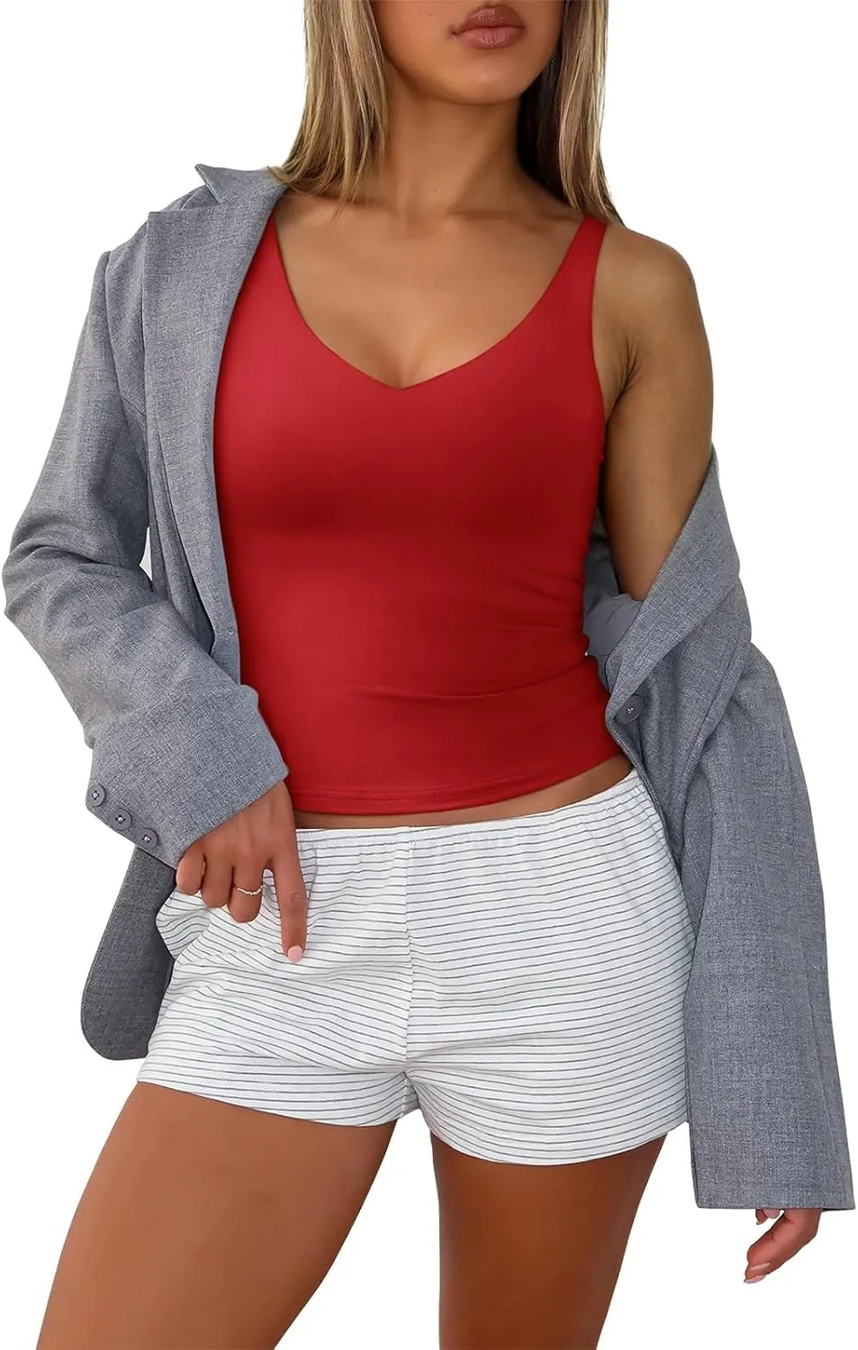 PINKMSTYLE Womens Sexy V Neck Cami Top Sleeveless Double Lined Tank Tops Going Out Y2K Spaghetti Strap Crop Tops 2025