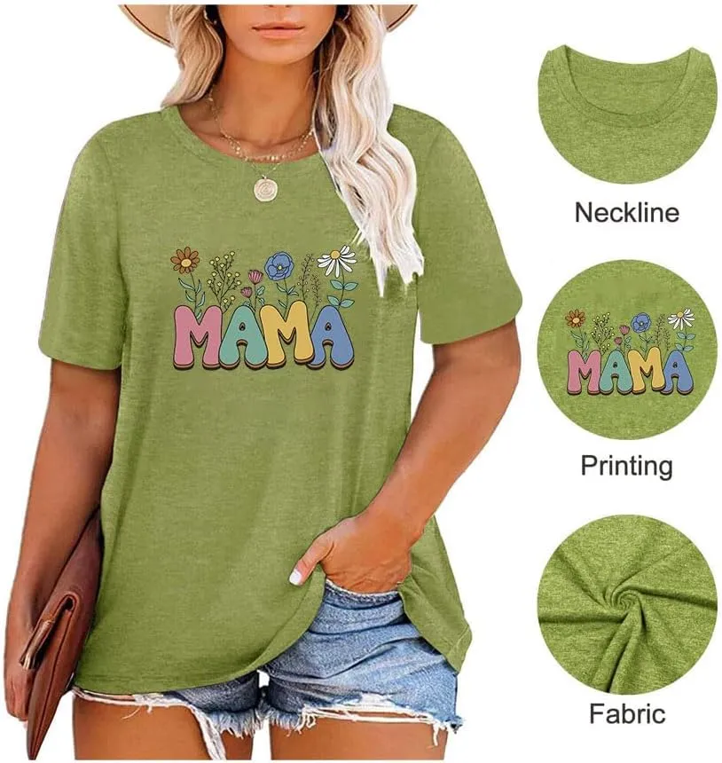 Plus Size T Shirts Women Mama Flower Graphic Printed Tops Short Sleeve Round Neck Casual Loose Fit Tee Tunic