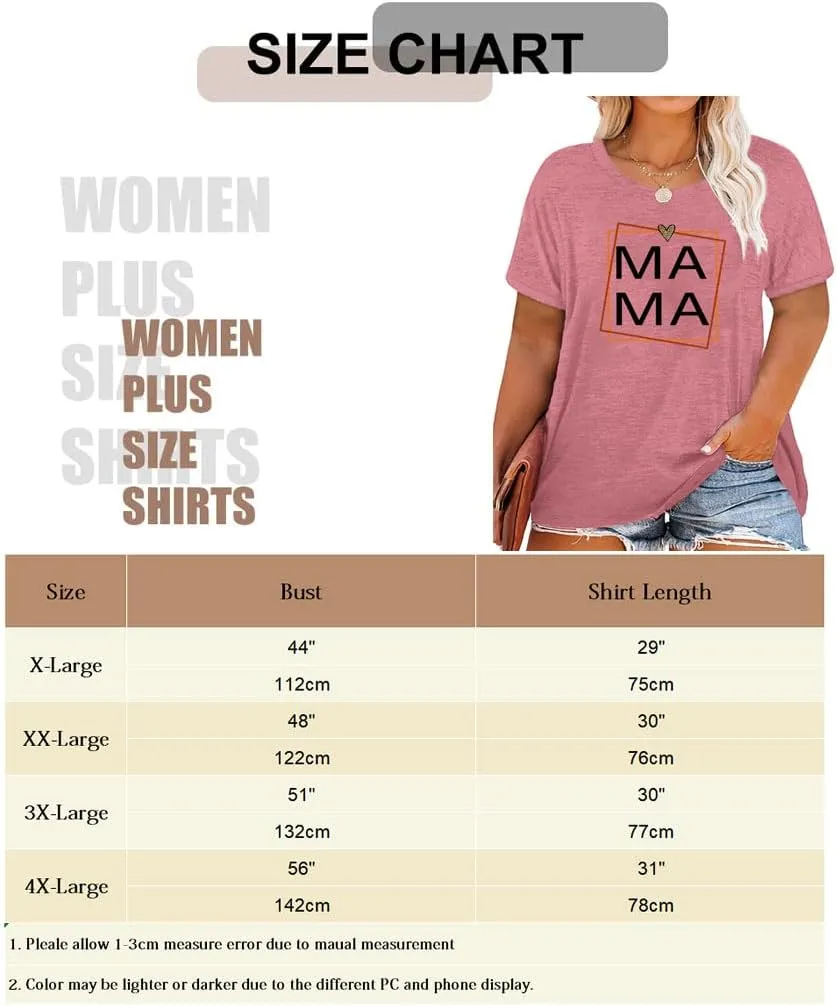 Plus Size T Shirts Women Mama Flower Graphic Printed Tops Short Sleeve Round Neck Casual Loose Fit Tee Tunic
