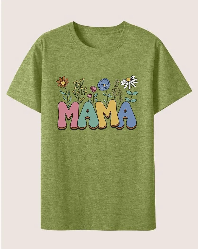 Plus Size T Shirts Women Mama Flower Graphic Printed Tops Short Sleeve Round Neck Casual Loose Fit Tee Tunic