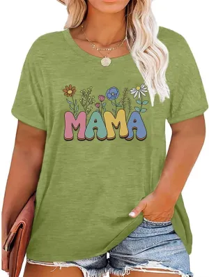Plus Size T Shirts Women Mama Flower Graphic Printed Tops Short Sleeve Round Neck Casual Loose Fit Tee Tunic