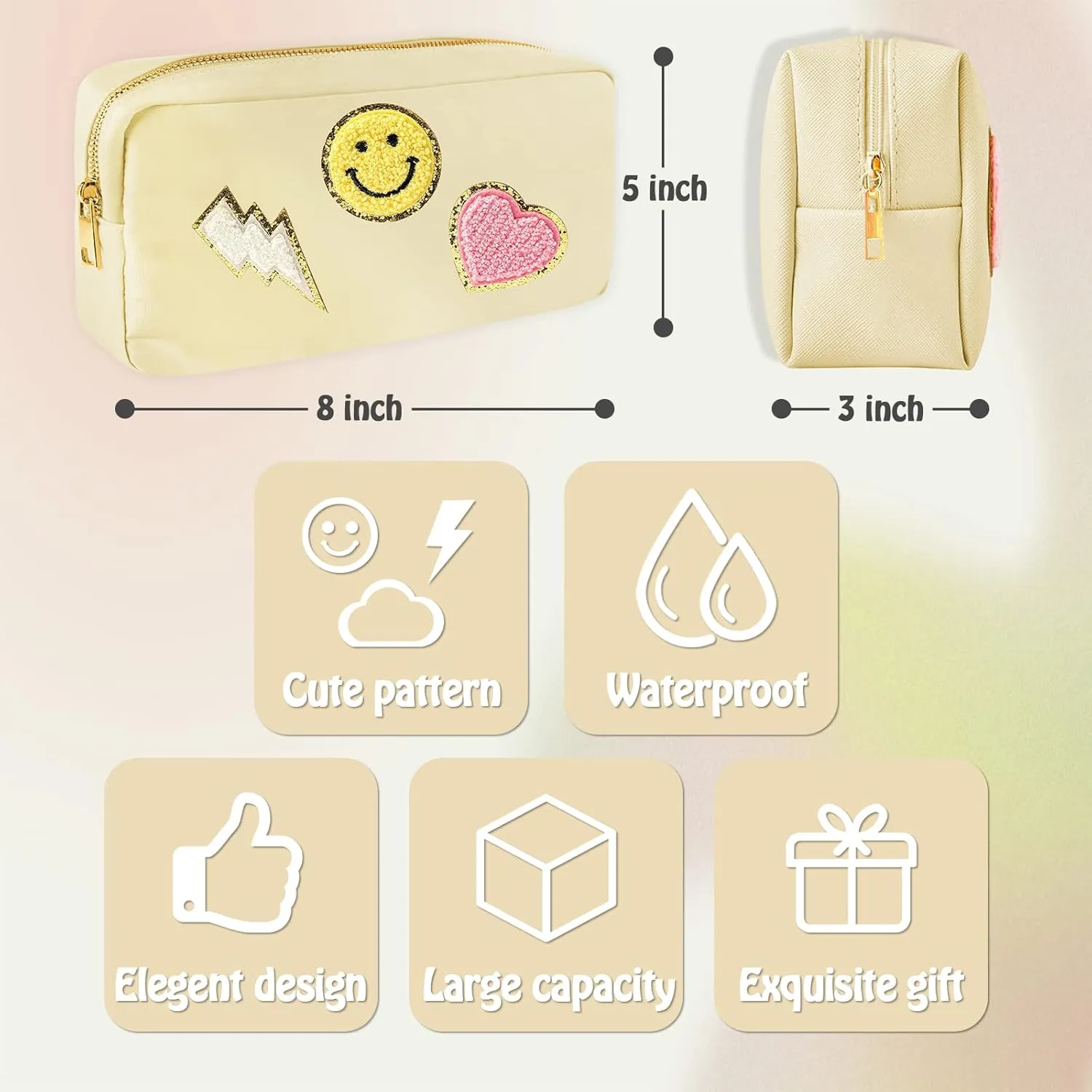 Preppy Patch Small Makeup Bag-Nylon Waterproof Portable Things Bag-Preppy Cosmetic Travel Toiletry Organizer Bag Daily Use Pouch for Girl with Smile Lightning Heart PatchesBeige