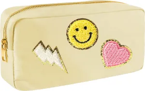 Preppy Patch Small Makeup Bag-Nylon Waterproof Portable Things Bag-Preppy Cosmetic Travel Toiletry Organizer Bag Daily Use Pouch for Girl with Smile Lightning Heart PatchesBeige