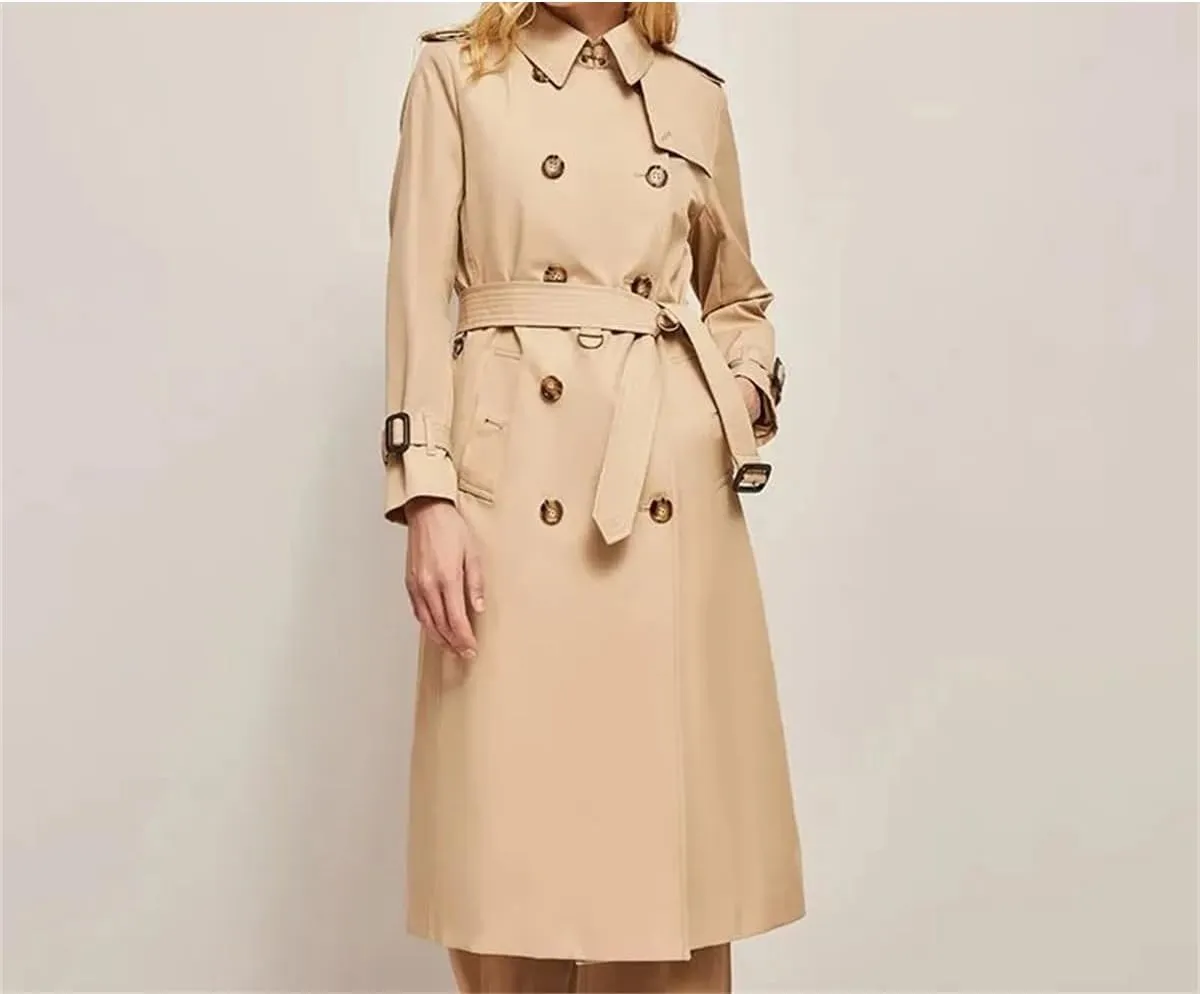 Pulcykp Women's Loose Lapel Trench Coat Casual Midi Length Double Breasted Windbreaker Tops