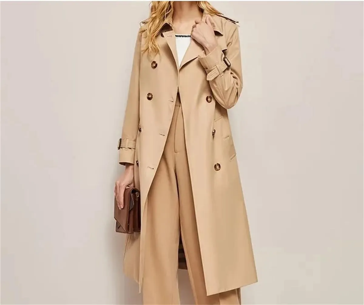 Pulcykp Women's Loose Lapel Trench Coat Casual Midi Length Double Breasted Windbreaker Tops