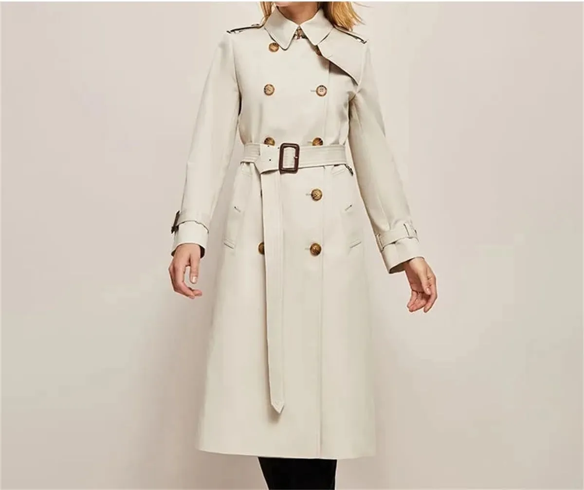 Pulcykp Women's Loose Lapel Trench Coat Casual Midi Length Double Breasted Windbreaker Tops