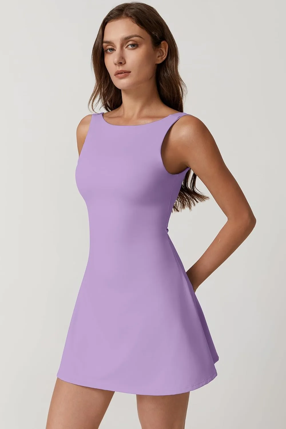 QINSEN Womens Open Back Tennis Dress Sleeveless Built in Shorts Golf Athletic Dress with Pockets