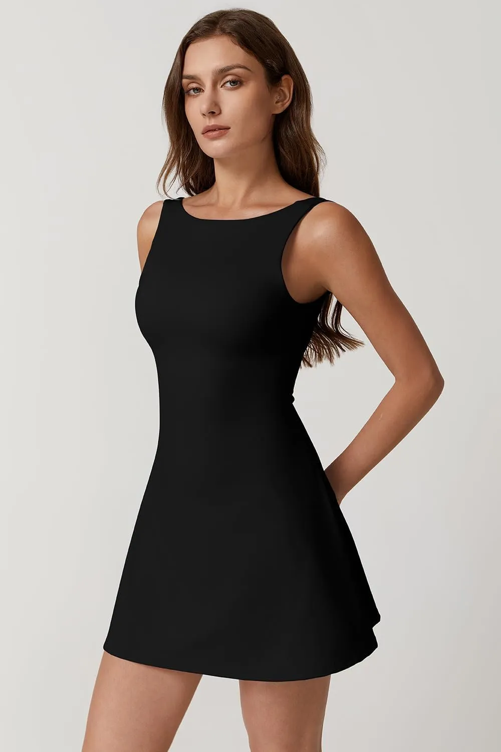 QINSEN Womens Open Back Tennis Dress Sleeveless Built in Shorts Golf Athletic Dress with Pockets