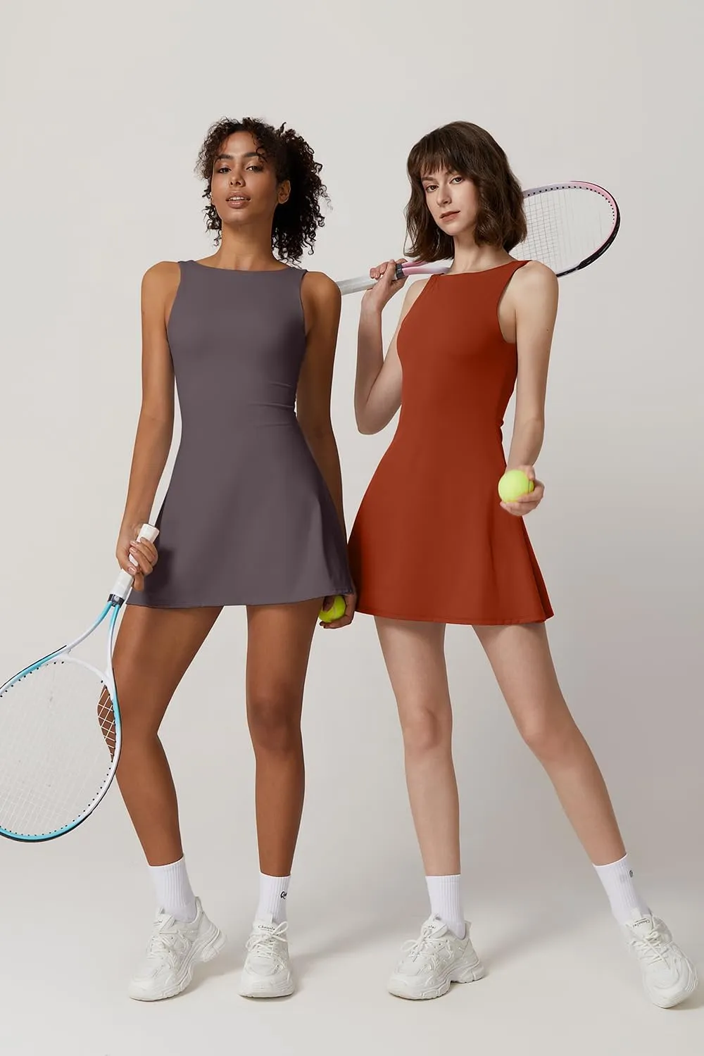 QINSEN Womens Open Back Tennis Dress Sleeveless Built in Shorts Golf Athletic Dress with Pockets