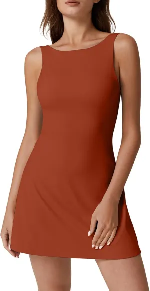 QINSEN Womens Open Back Tennis Dress Sleeveless Built in Shorts Golf Athletic Dress with Pockets