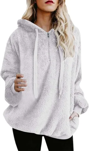 Quarter Zip Hoodies for Women Long Fleece Plus Size Drawstring Sweatshirt Solid Color Casual Winter Pocket Pullover