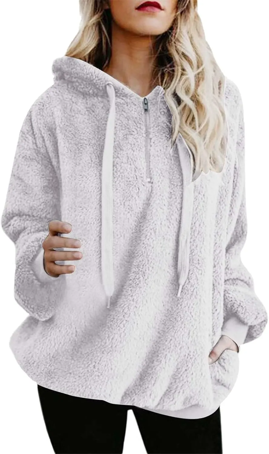 Quarter Zip Hoodies for Women Long Fleece Plus Size Drawstring Sweatshirt Solid Color Casual Winter Pocket Pullover