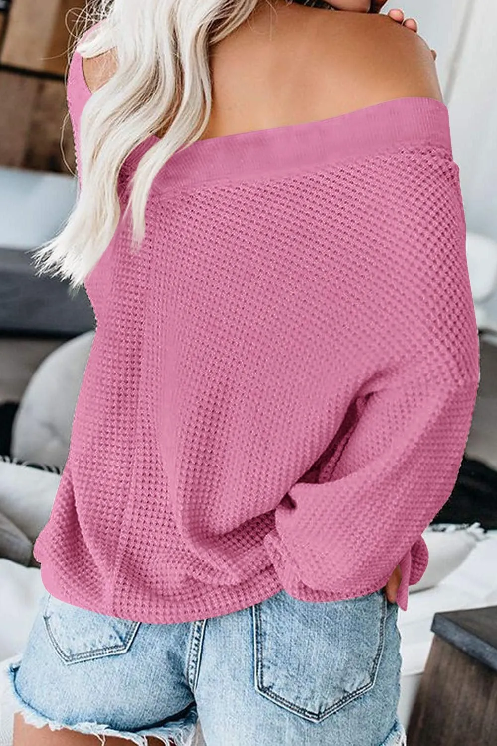 ReachMe Womens Oversized Off The Shoulder Tops Long Sleeve Waffle Knit Shirt Drop Shoulder Sweater Top