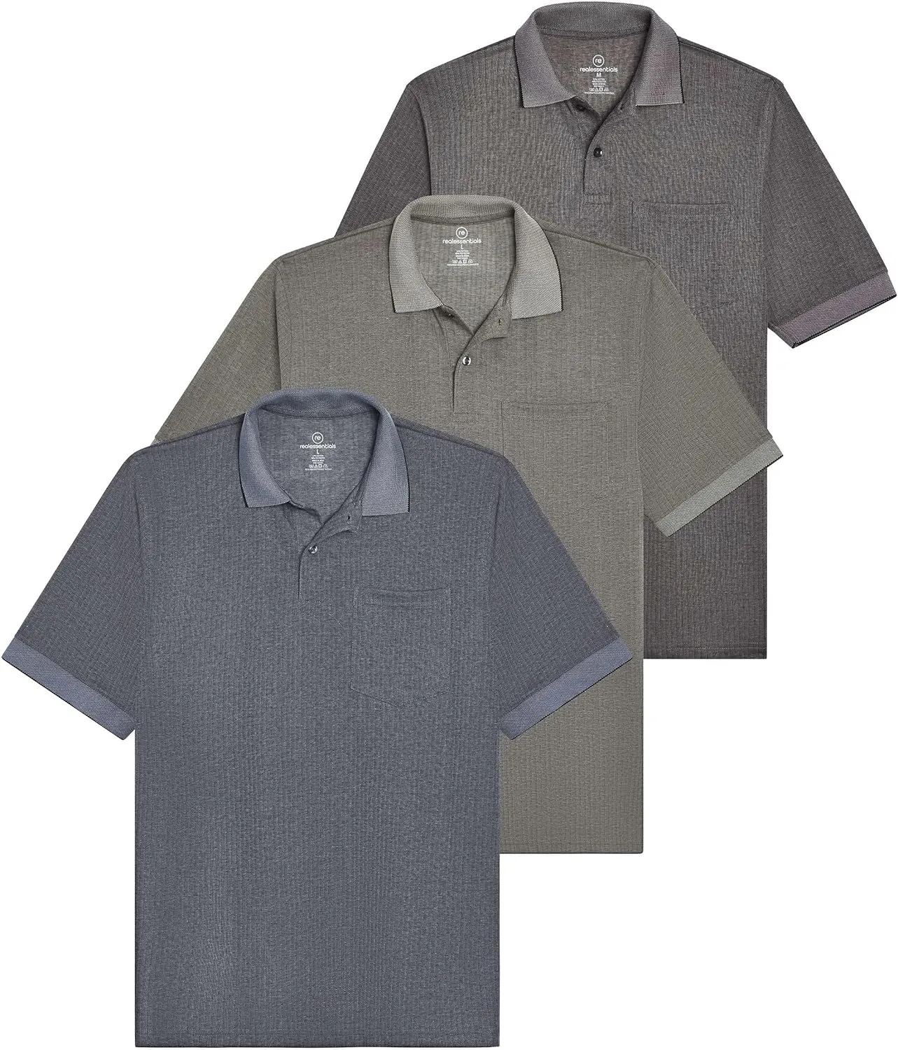 Real Essentials 3 Pack: Men's Regular-Fit Ribbed Polo Shirt with Pocket (Available in Big & Tall)