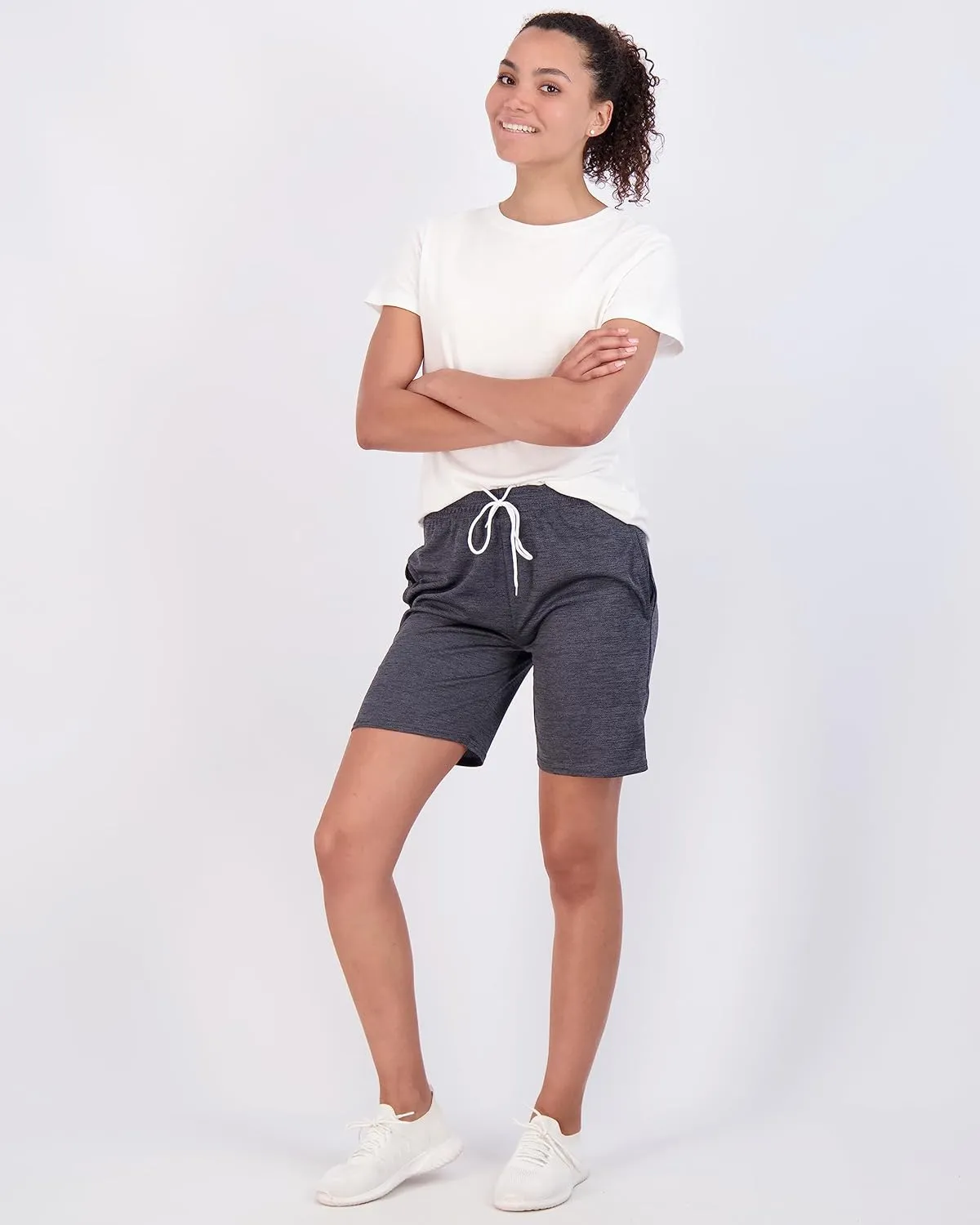 Real Essentials 4-Pack: Women's 7" Mesh Quick-Dry Bermuda Active Athletic Long Shorts with Pockets (Available in Plus Size)