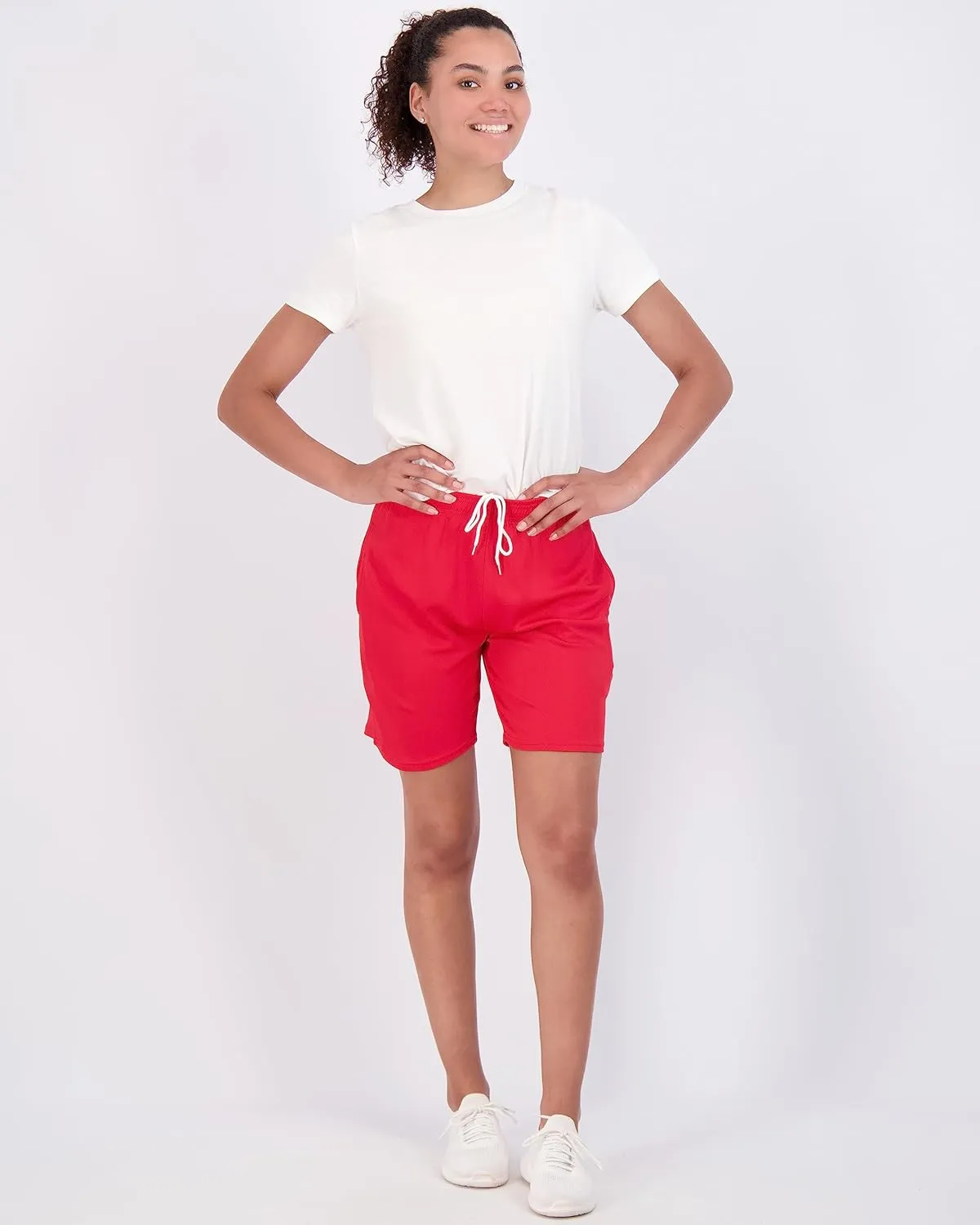 Real Essentials 4-Pack: Women's 7" Mesh Quick-Dry Bermuda Active Athletic Long Shorts with Pockets (Available in Plus Size)