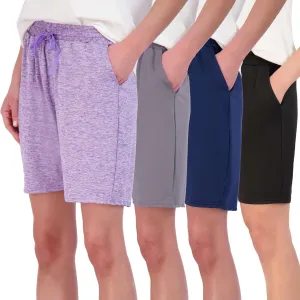 Real Essentials 4 Pack: Women's Dry-Fit Athletic 7" Bermuda Long High Waisted Running Shorts (Available in Plus Size)
