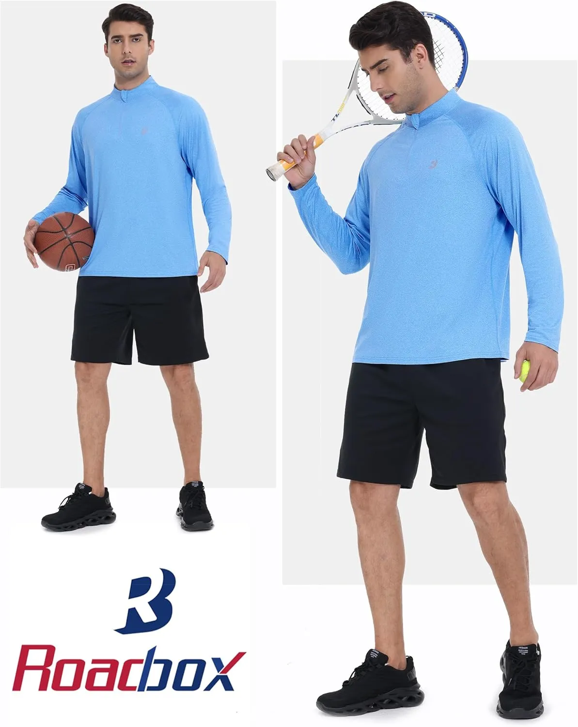 Roadbox Quarter Zip Pullover Men Sun Shirts, Running Workout Long Sleeve UV Shirt, UPF 50  Quick Dry Athletic Rash Guard