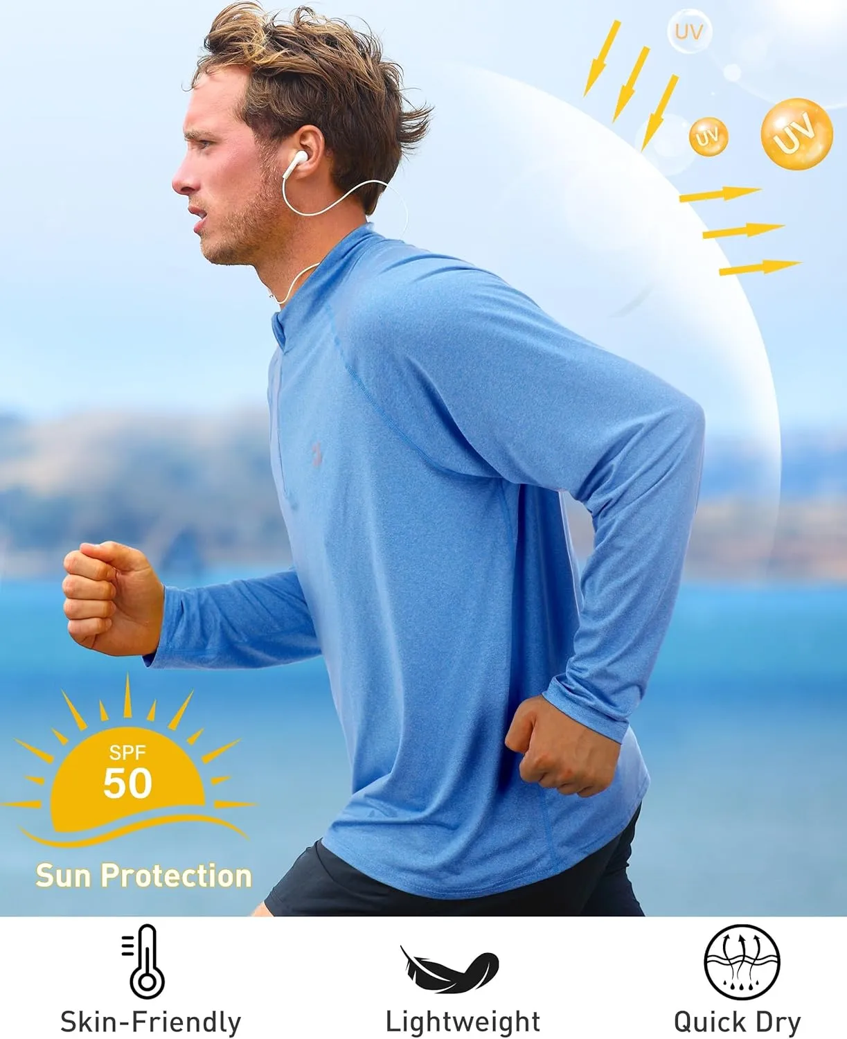 Roadbox Quarter Zip Pullover Men Sun Shirts, Running Workout Long Sleeve UV Shirt, UPF 50  Quick Dry Athletic Rash Guard