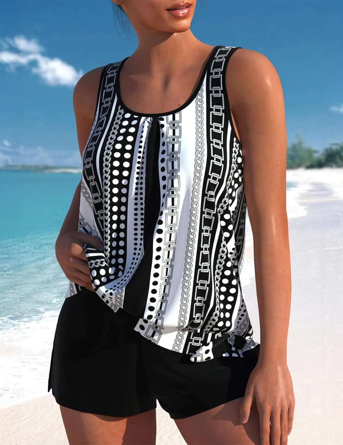 ROSEWE Womens Modest Tankini Swimsuits, Two Piece Athletic Bathing Suits Tank Tops with Board Shorts