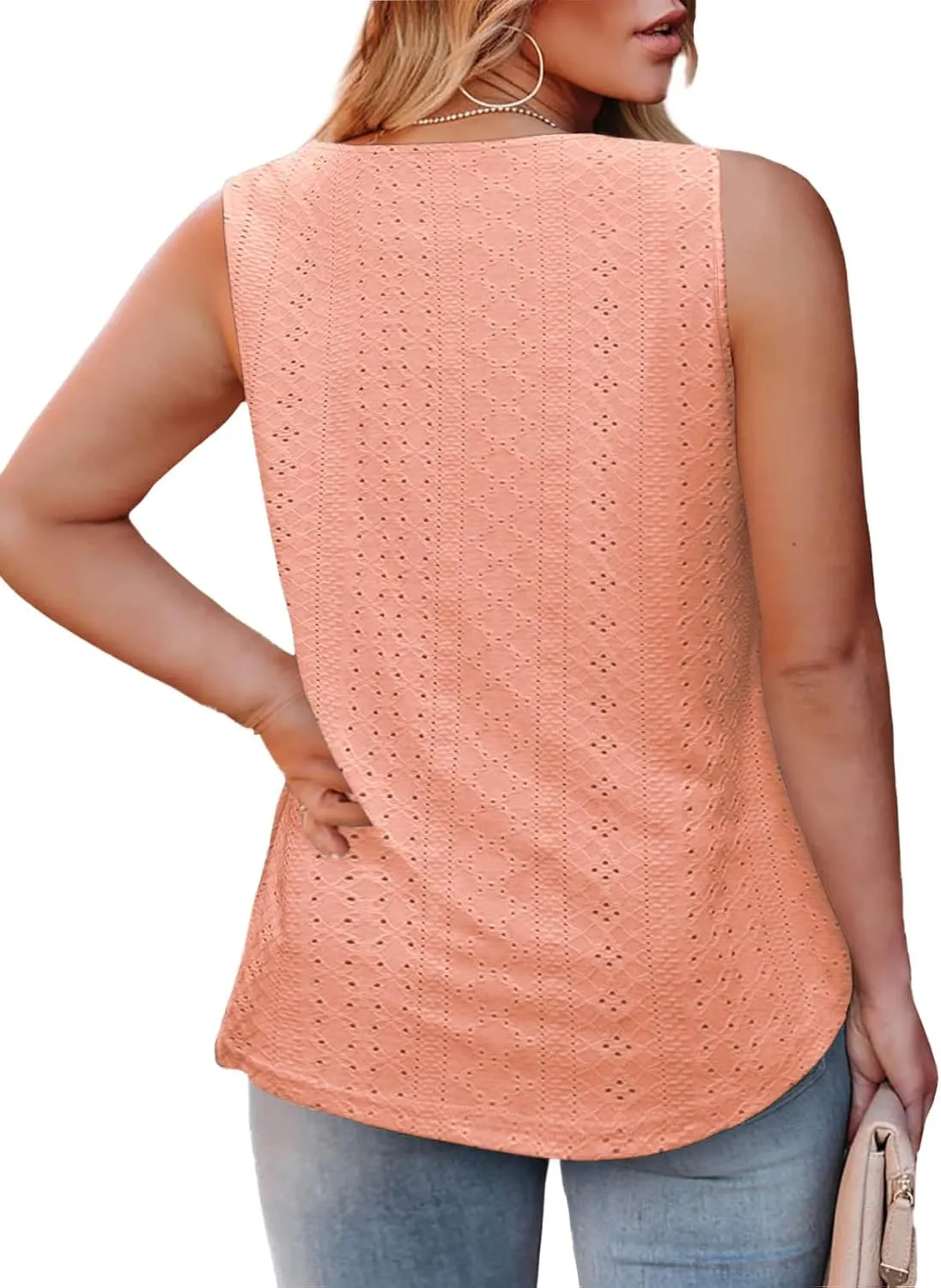 ROSRISS Plus-Size-Tank-Tops Summer Sleeveless Loose Fit Pleated Shirts Square Neck Tunics Eyelet Flowy Tees