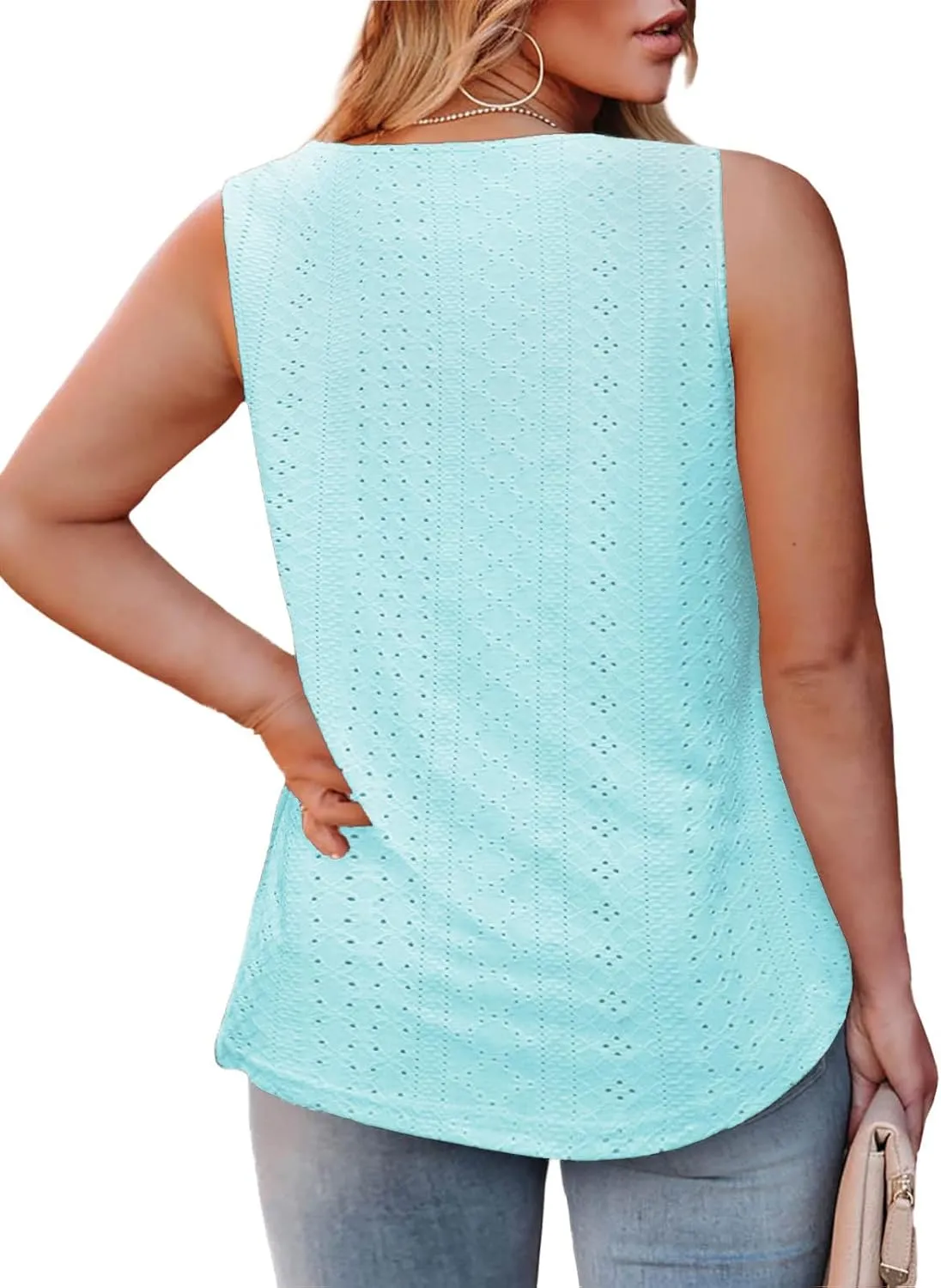 ROSRISS Plus-Size-Tank-Tops Summer Sleeveless Loose Fit Pleated Shirts Square Neck Tunics Eyelet Flowy Tees