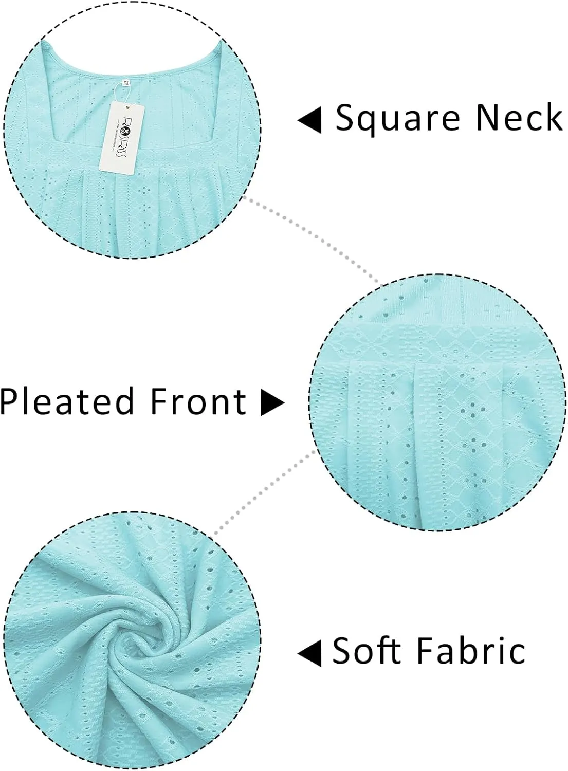 ROSRISS Plus-Size-Tank-Tops Summer Sleeveless Loose Fit Pleated Shirts Square Neck Tunics Eyelet Flowy Tees