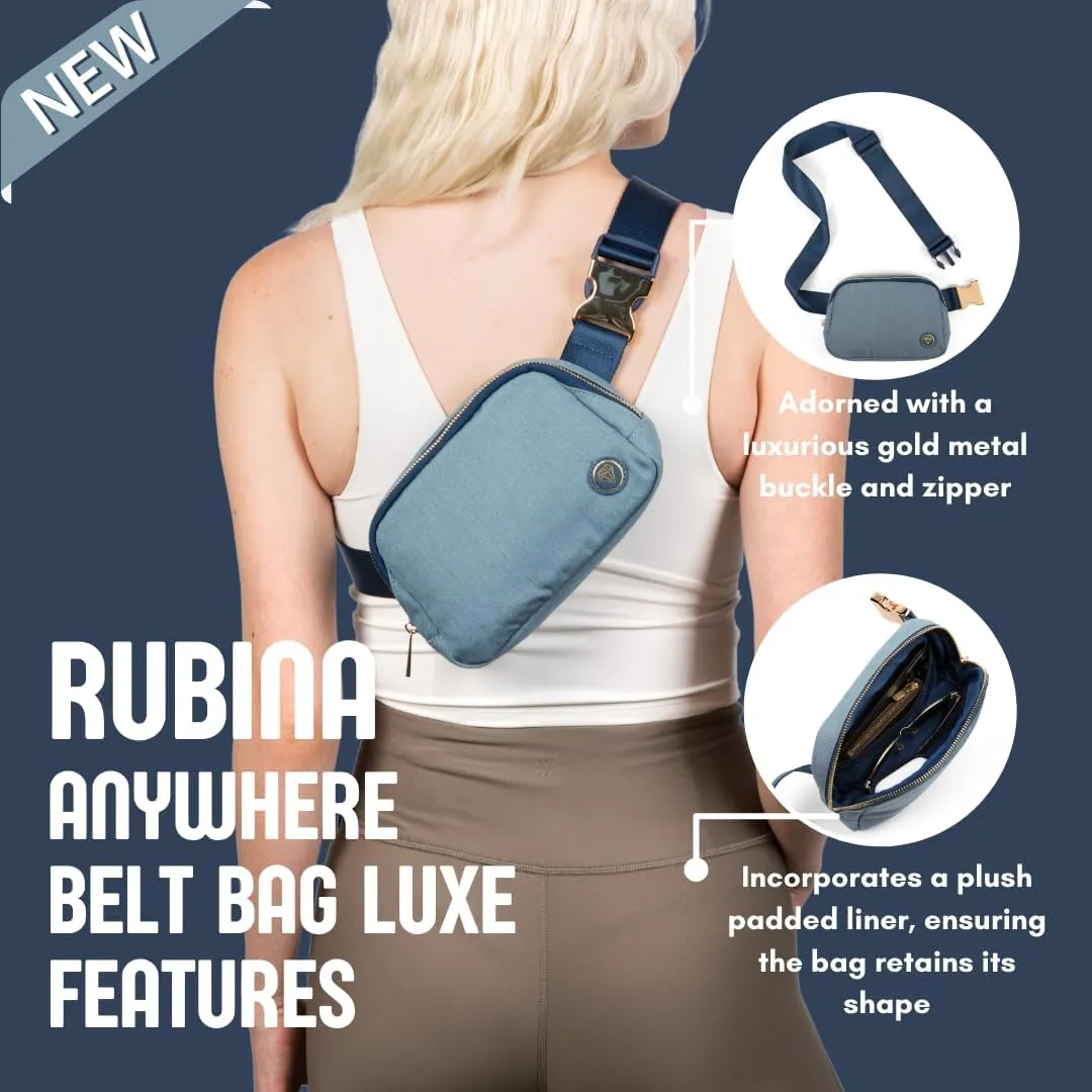 Rubina Anywhere Belt Bag LUXE | Crossbody Bag for Women | Unisex Hip Waist Pack for Hiking, Workout, Running, Traveling, Festivals | Chest Bag | Adjustable Strap | Metal Buckle (Blue Jeans)