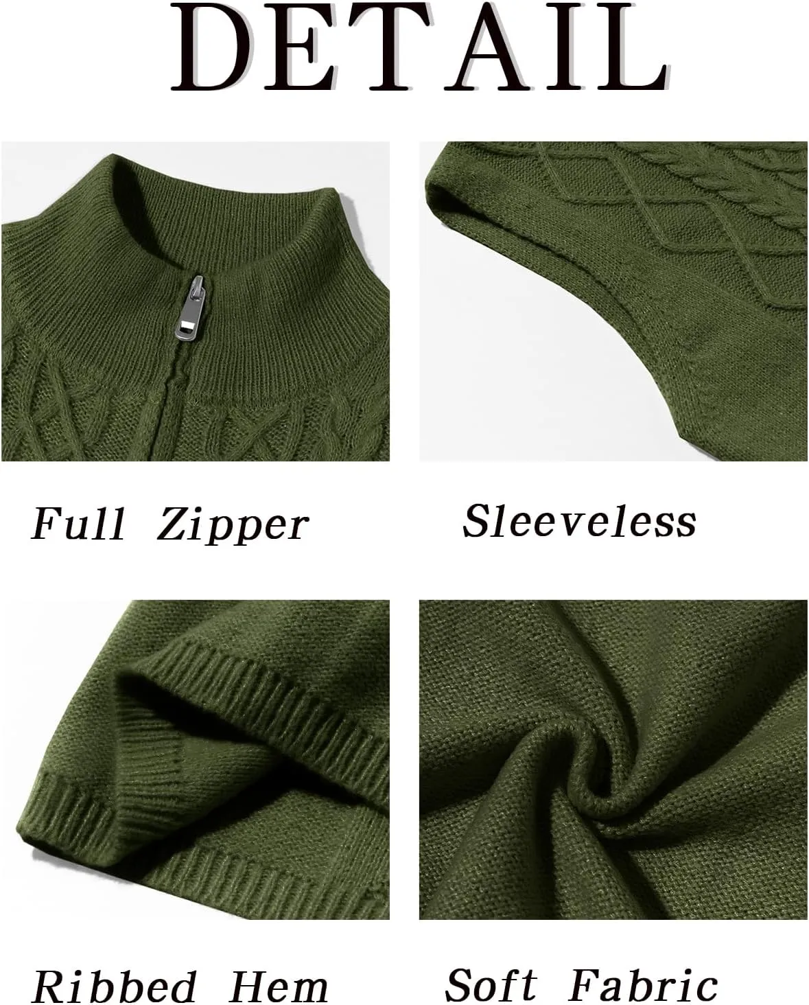 Runcati Mens Full Zip Sweater Vest Cable Knitted Cardigan Stand Collar Casual Sleeveless Sweaters