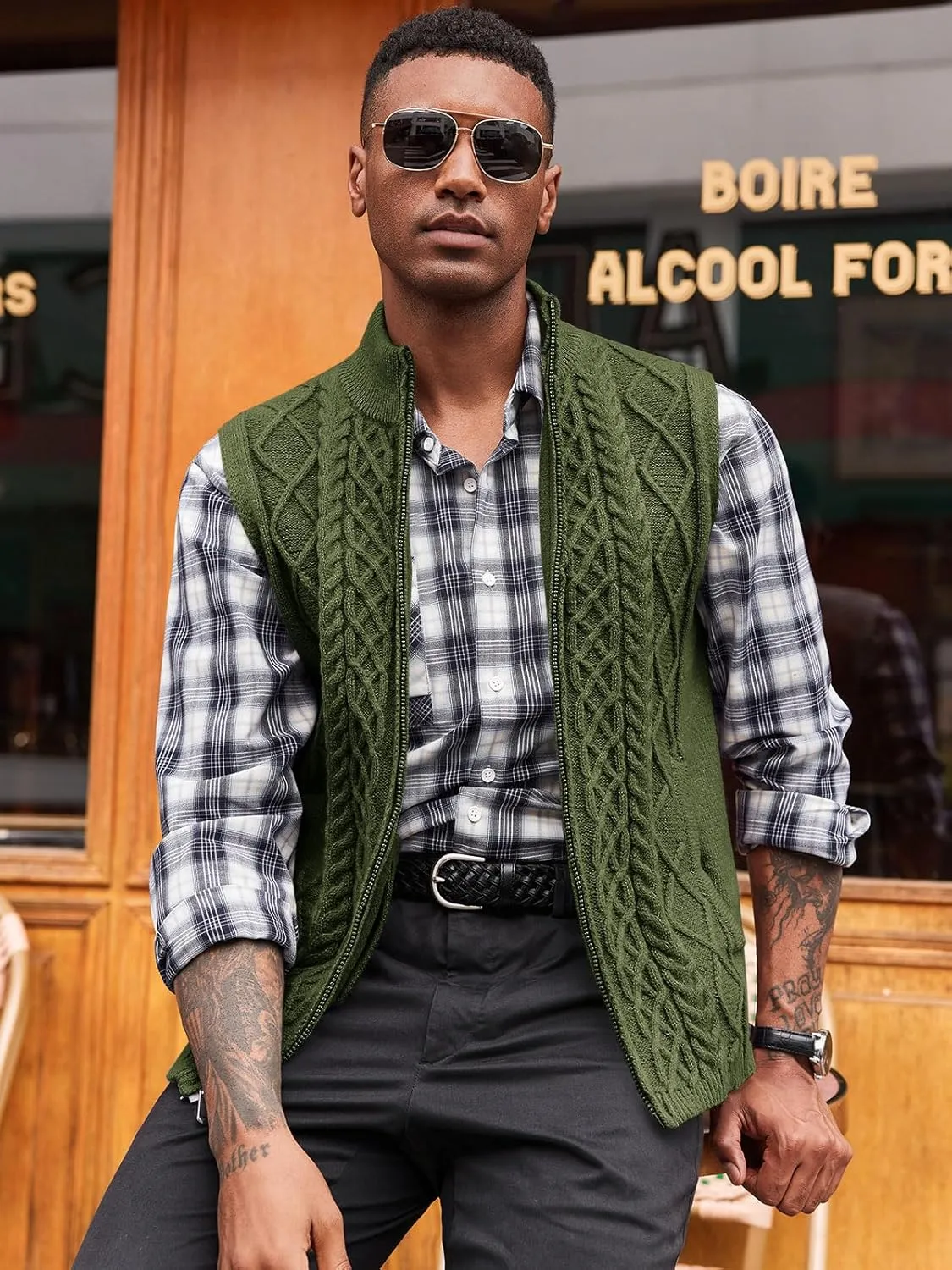 Runcati Mens Full Zip Sweater Vest Cable Knitted Cardigan Stand Collar Casual Sleeveless Sweaters