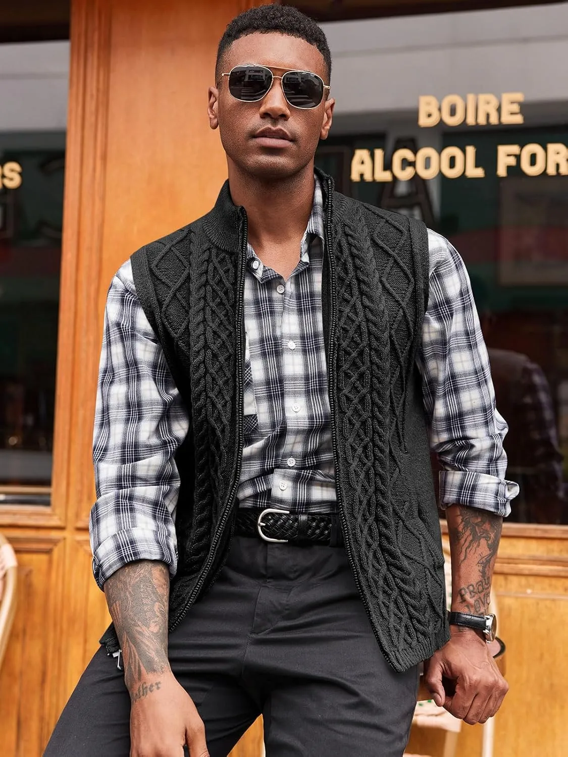 Runcati Mens Full Zip Sweater Vest Cable Knitted Cardigan Stand Collar Casual Sleeveless Sweaters