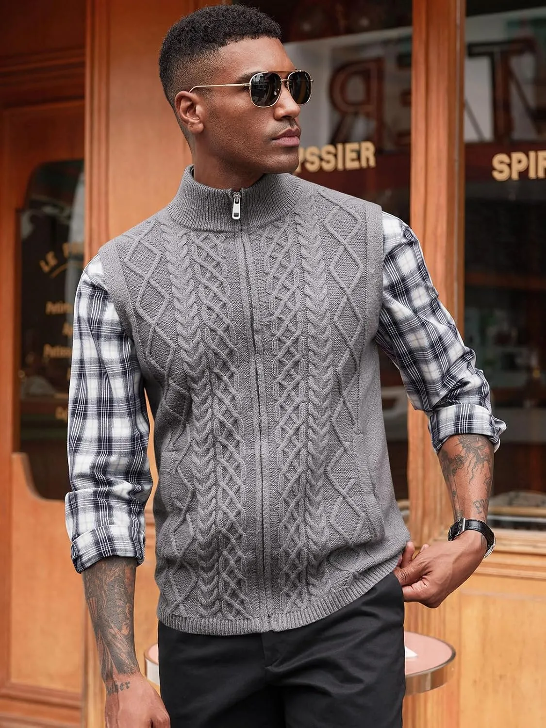 Runcati Mens Full Zip Sweater Vest Cable Knitted Cardigan Stand Collar Casual Sleeveless Sweaters