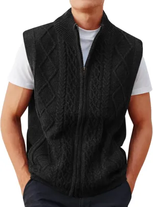 Runcati Mens Full Zip Sweater Vest Cable Knitted Cardigan Stand Collar Casual Sleeveless Sweaters